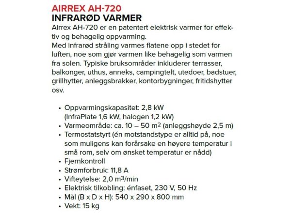 Airrex AH720 Elektrisk varmer